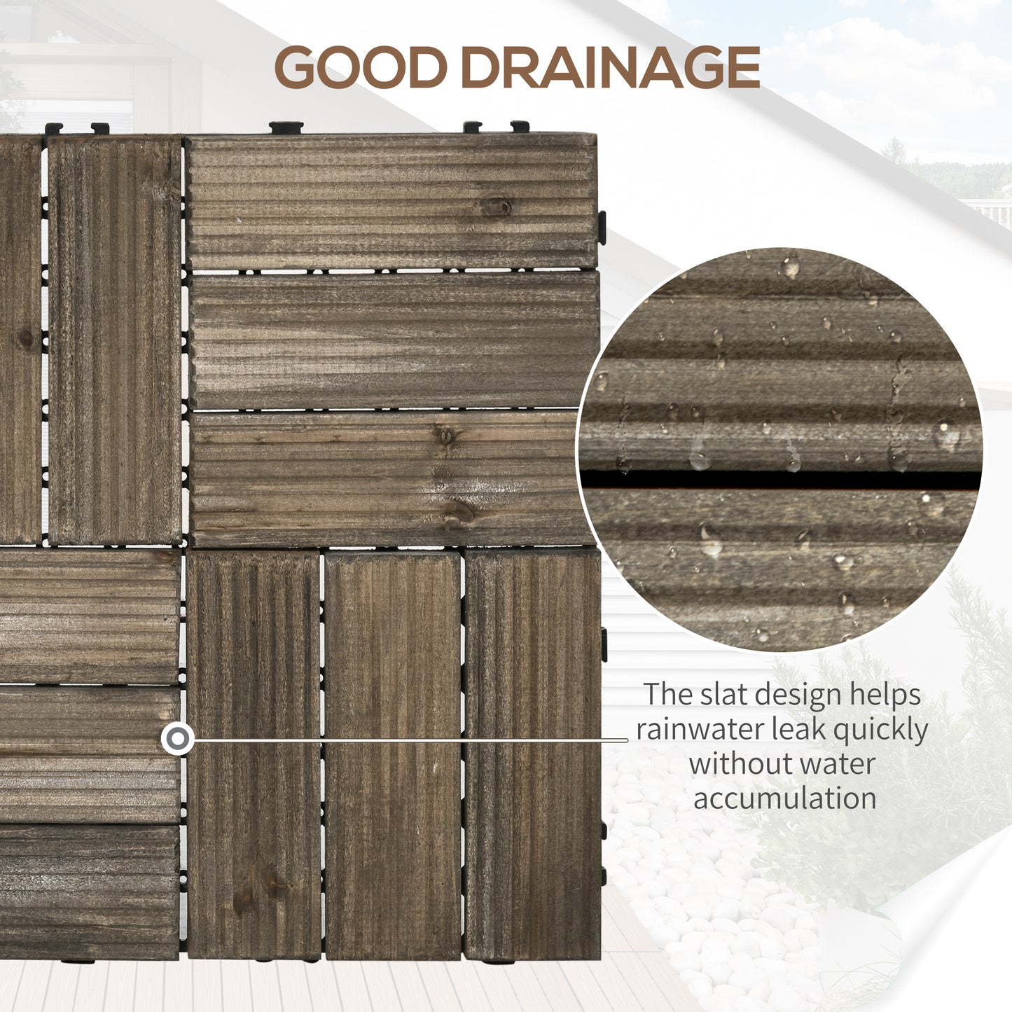 27 Pcs Wooden Interlocking Decking Tiles, Outdoor Flooring Tiles for Patio, Balcony, Terrace, Hot Tub, 30 x 30 cm per Piece