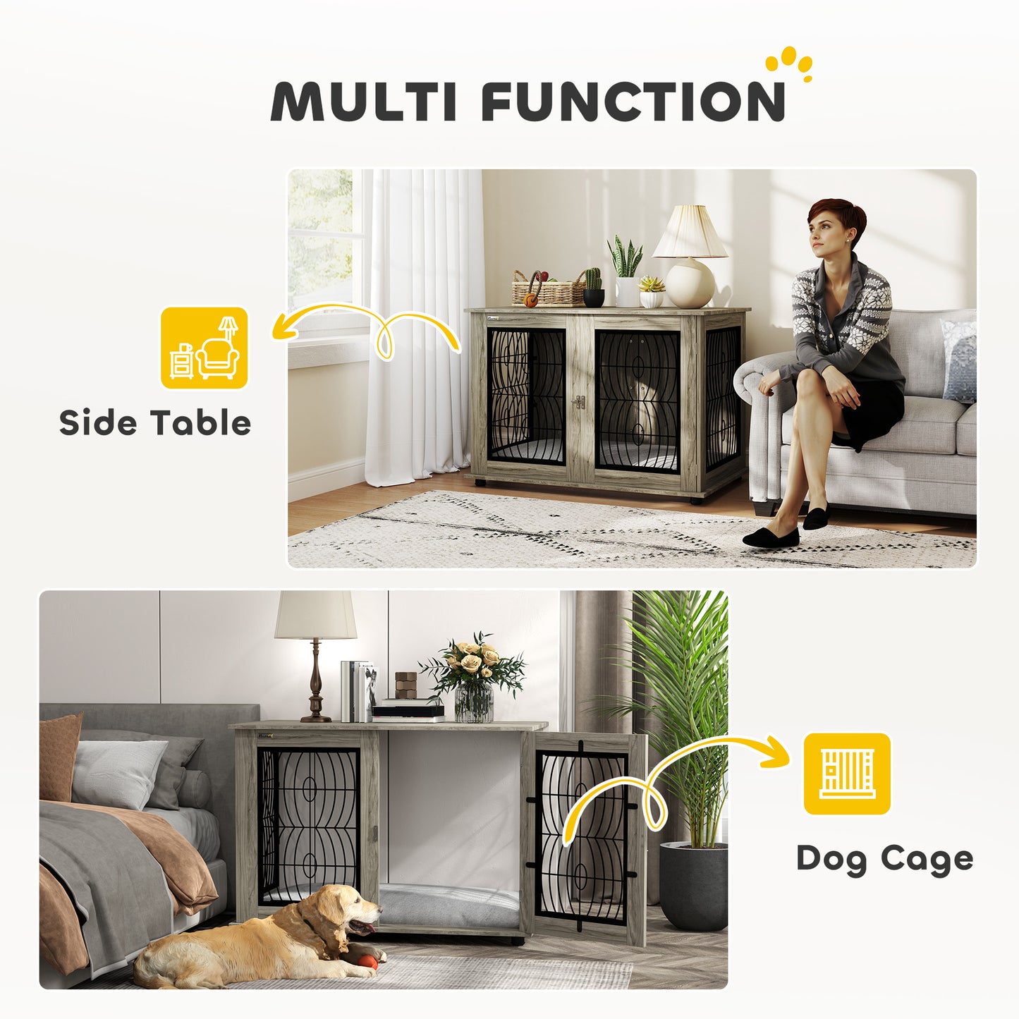 46.46'' Dog Crate Furniture Table with Soft Washable Cushion and Lockable Door, for Large Indoor Dogs, Grey