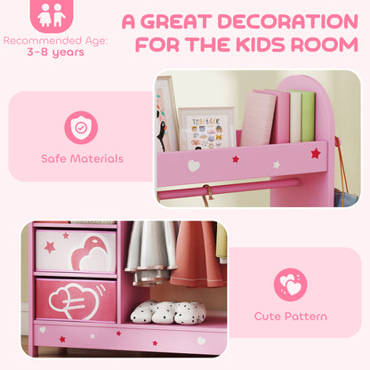 Kids Clothes Rail, Kids Wardrobe with Mirror, Shelves, Fabric Storage and Hooks for Bedroom, Nursery, Pink