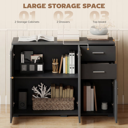 Sideboard, Modern Storage Cabinet with 2 Drawers, 3 Doors and Adjustable Shelves, Black