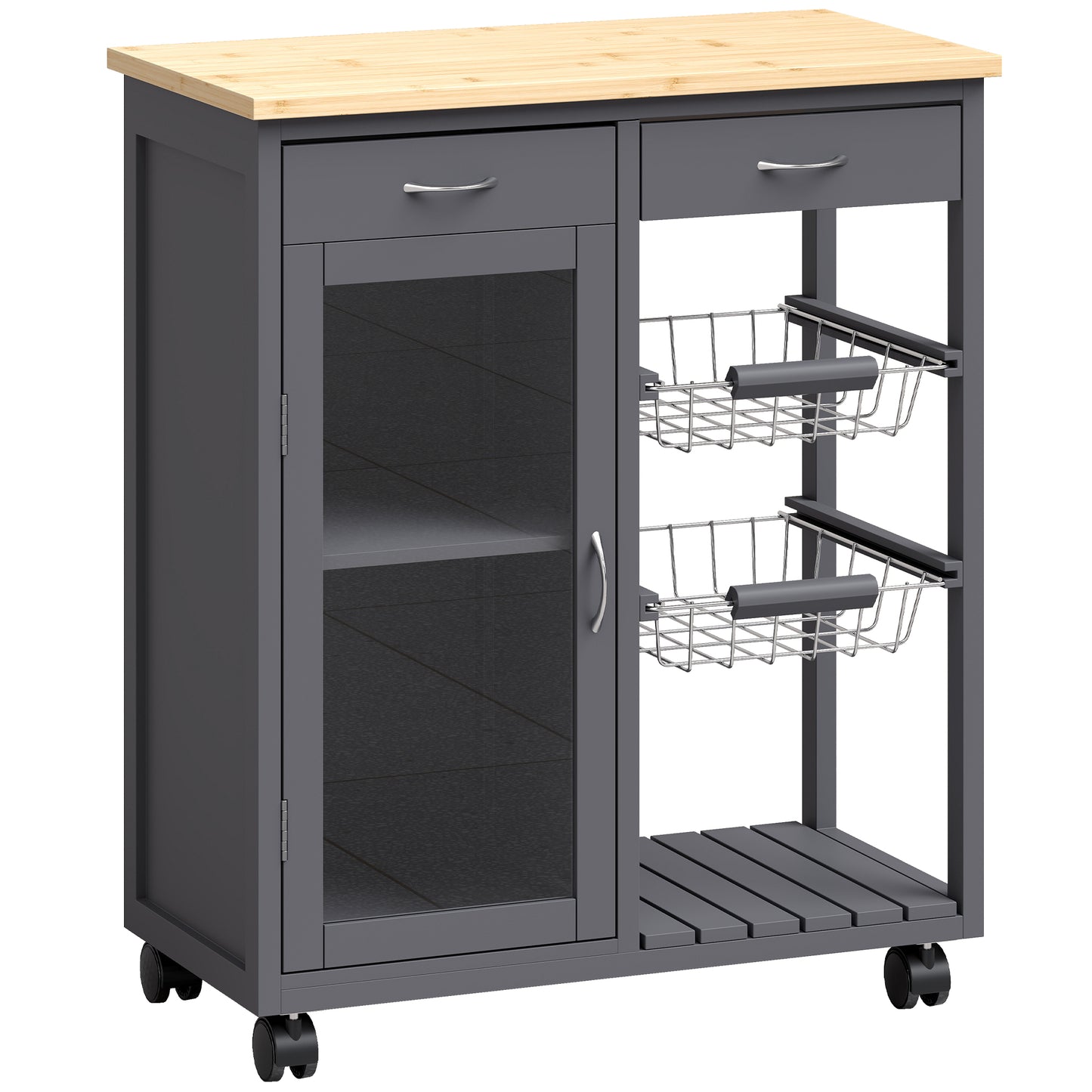 Bamboo Kitchen Island, Rolling Kitchen Trolley with Glass Door, 2 Metal Wire Baskets and Adjustable Shelf, Grey