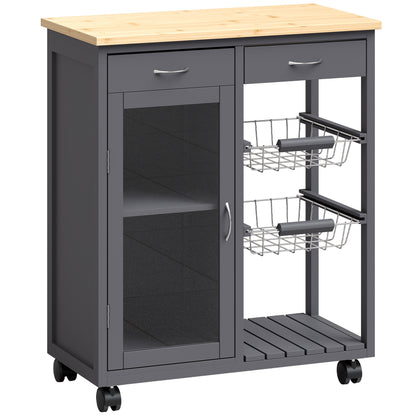 Bamboo Kitchen Island, Rolling Kitchen Trolley with Glass Door, 2 Metal Wire Baskets and Adjustable Shelf, Grey