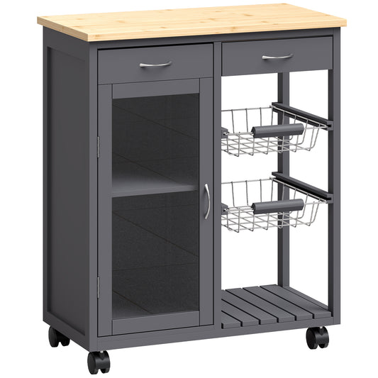 Bamboo Kitchen Island, Rolling Kitchen Trolley with Glass Door, 2 Metal Wire Baskets and Adjustable Shelf, Grey