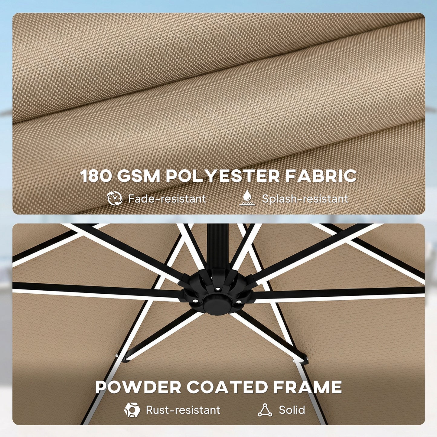 3 m Garden Cantilever Parasol with LED Solar Light, Round Overhanging Umbrella with 360° Rotation, Cover, Khaki