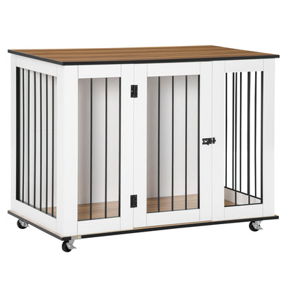 Dog Crate Furniture, Dog Cage End Table, with Wheels, for Large Dogs, 106 x 60 x 82 cm - White