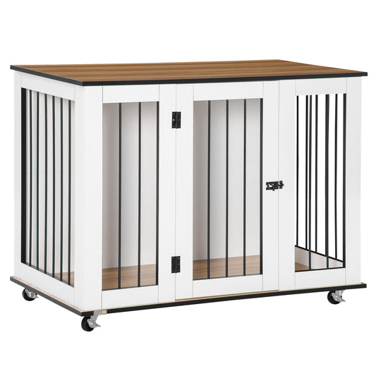 Dog Crate Furniture, Dog Cage End Table, with Wheels, for Large Dogs, 106 x 60 x 82 cm - White