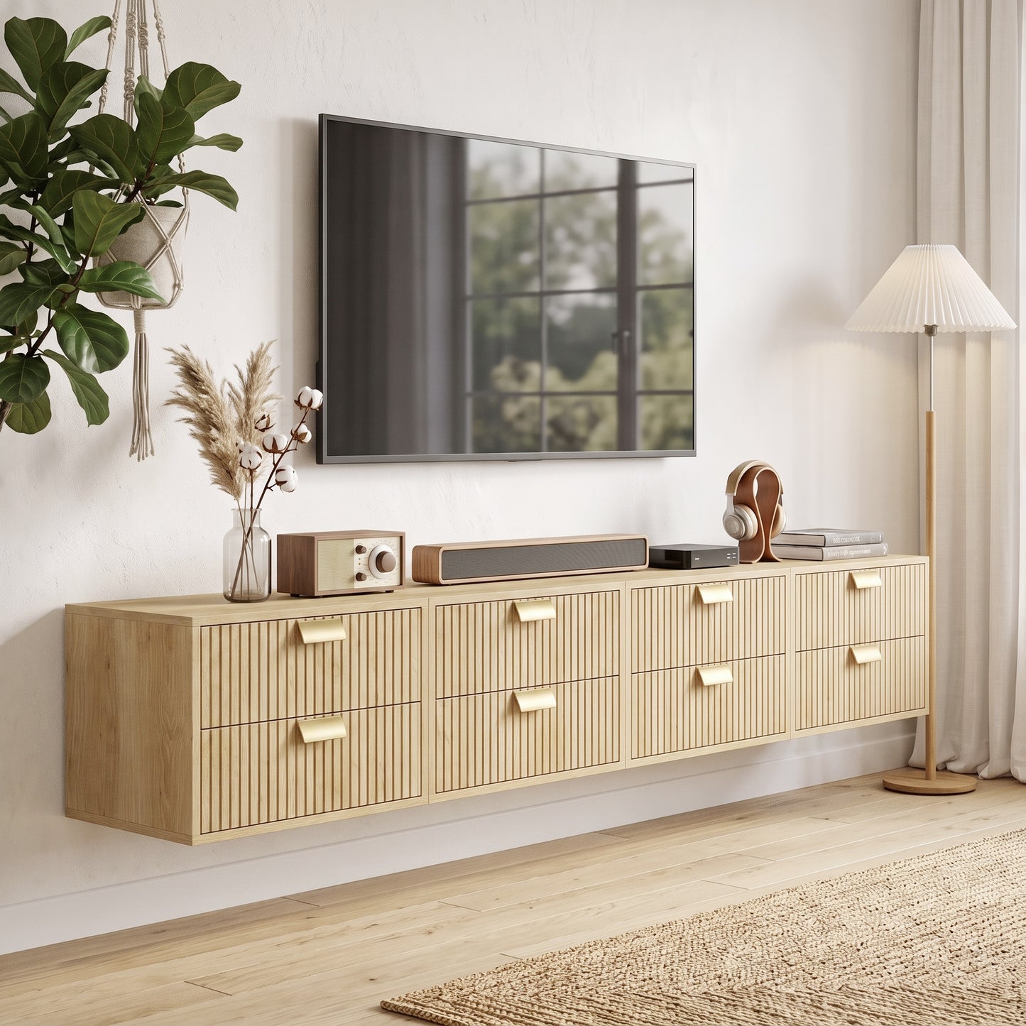 Modern Floating Nightstands Set of 2, Wall Mounted Bedside Tables with 2 Drawers, Oak