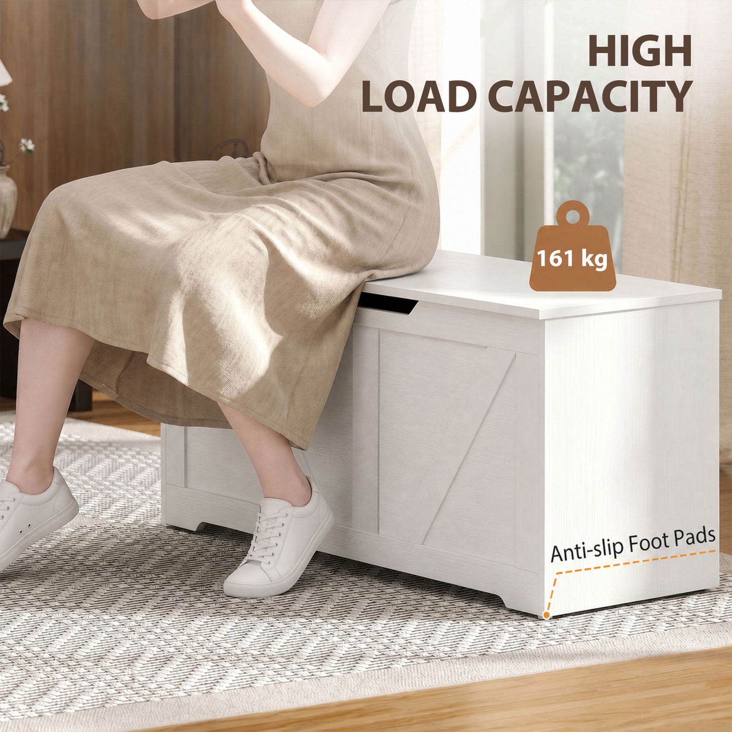 127L Home Storage Box, with Safety Hinges - White Wood-Effect