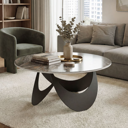 Coffee Table Sintered Stone Top Adjustable Foot Pads Modern Centre Table for Living Room Brown and Black