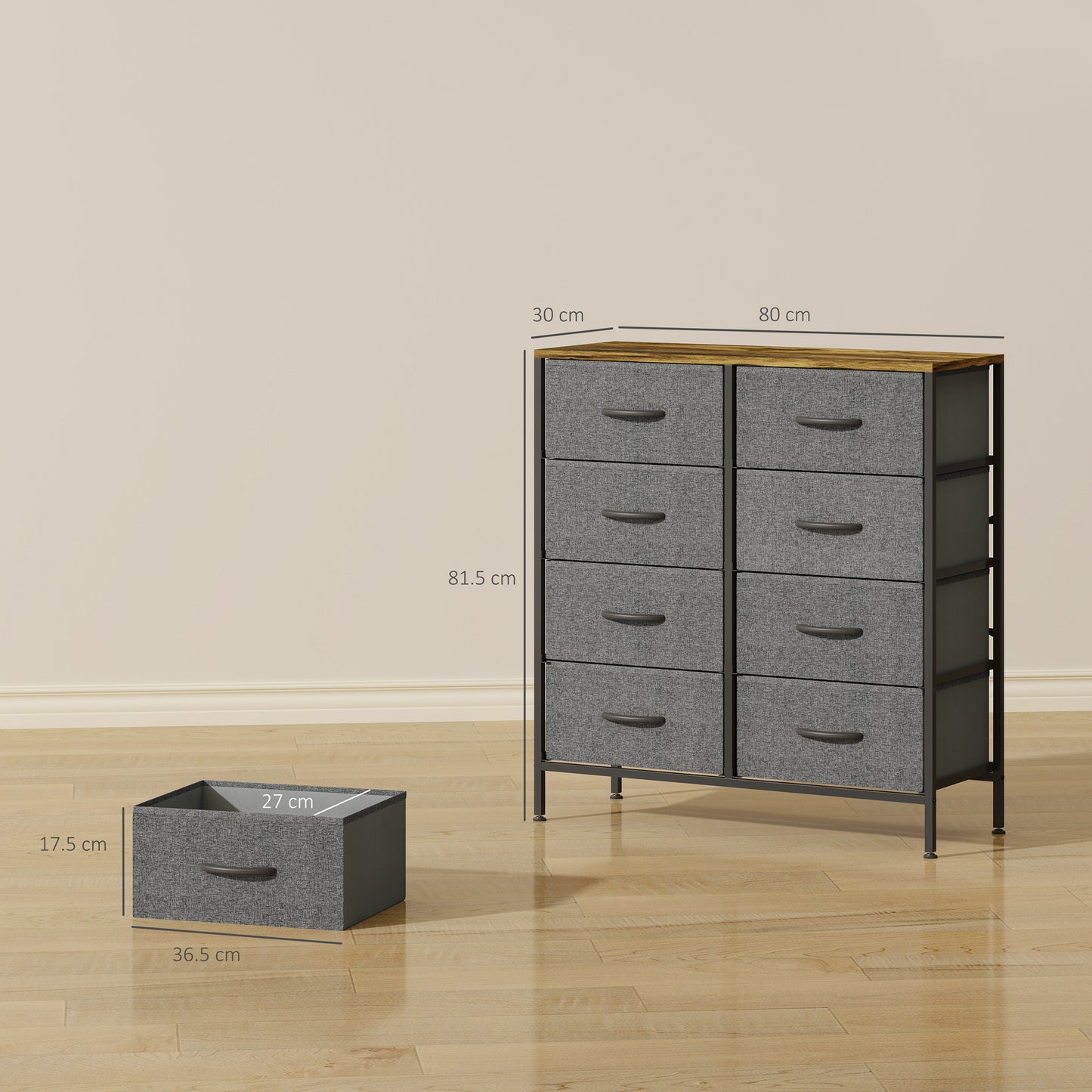 Fabric Chest of Drawers, Industrial Bedroom Dresser with 8 Fabric Drawers, Steel Frame and Wooden Top for Nursery
