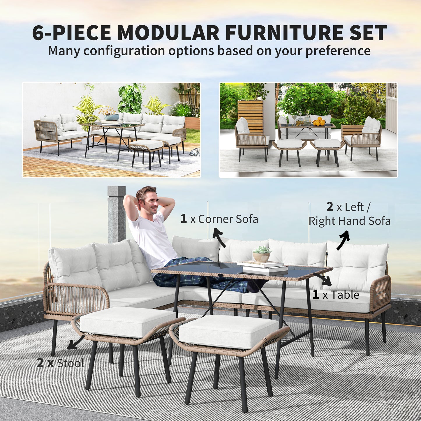 6 Piece Rattan Garden Furniture Set, 8 Seater Garden Corner Sofa with Cushions and Glass Top Table