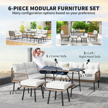 6 Piece Rattan Garden Furniture Set, 8 Seater Garden Corner Sofa with Cushions and Glass Top Table