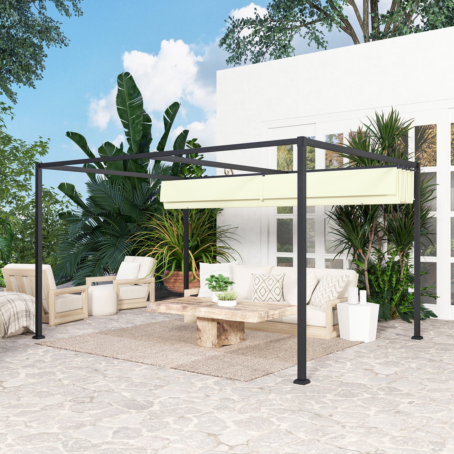4 x 3(m) Metal Pergola with Retractable Roof, Garden Gazebo Canopy Shelter for Outdoor, Patio, Cream White