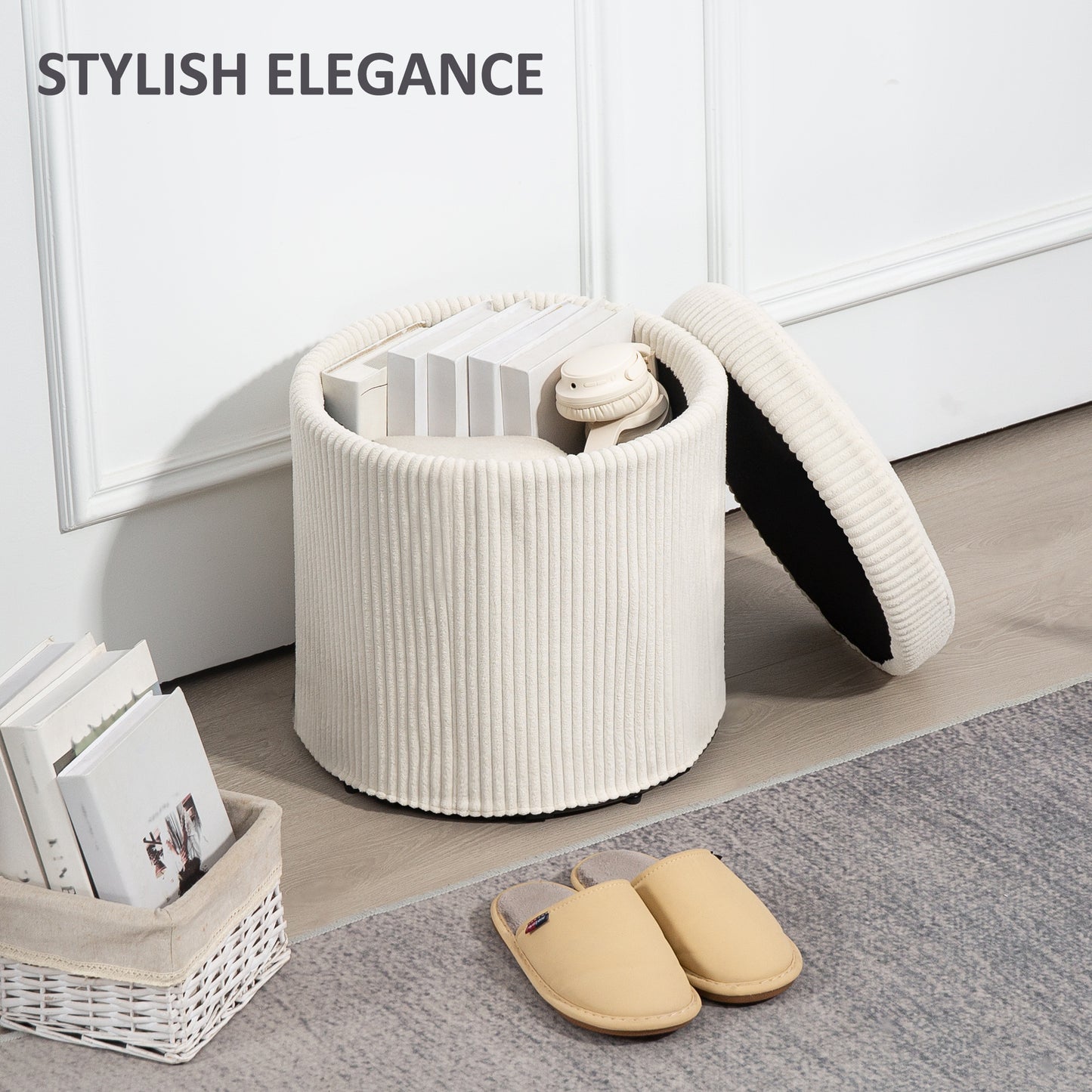 40cm Round Storage Ottoman, Corduroy Footstool with Removable Lid and Legs, Vanity Stool for Living Room, Bedroom, Beige