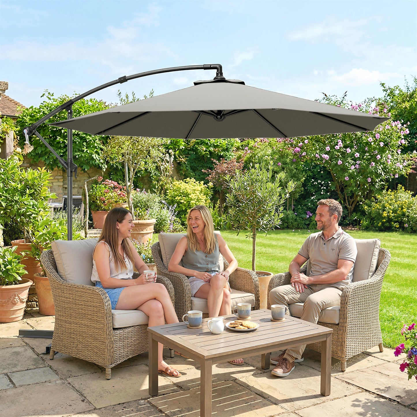3m Overhanging Cantilever Parasol, with Cross Base - Light Grey
