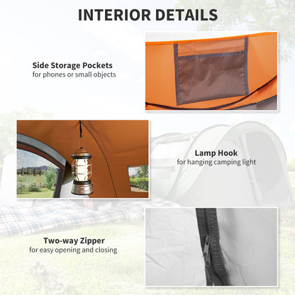 4 Person Pop-up Camping Tent Family Tent with Ground Sheet, 4 Windows and Portable Carry Bag for Beach Outdoor Trip, Orange