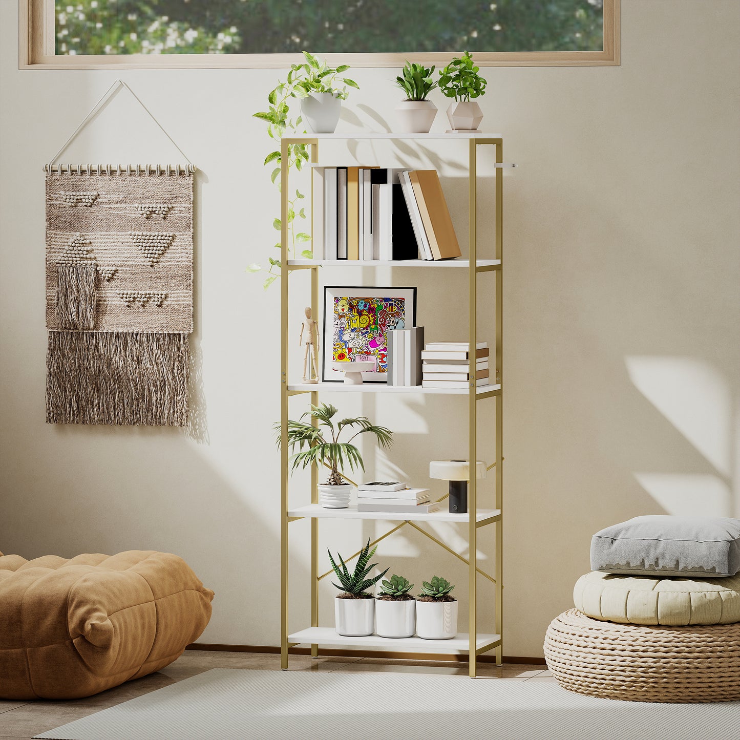 5-Tier Bookshelf, Modern Bookcase with Metal Frame - White and Gold Tone