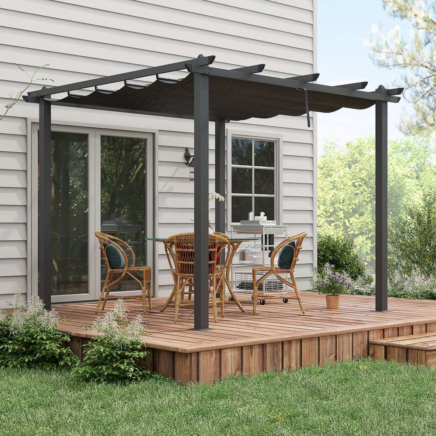 3 x 3m Aluminium Pergola with Retractable Roof and L4 Wind-proof - Dark Grey