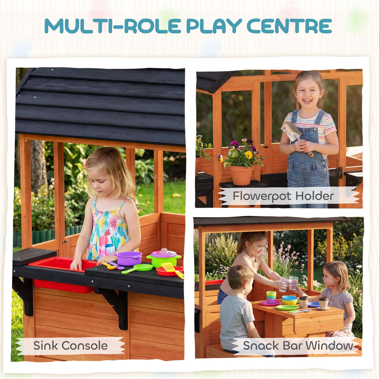 Wooden Playhouse Playhouse for Kids with Table, Benches, Sink Table, Windows, Flowerpot Holders, for Ages 3-8, Brown