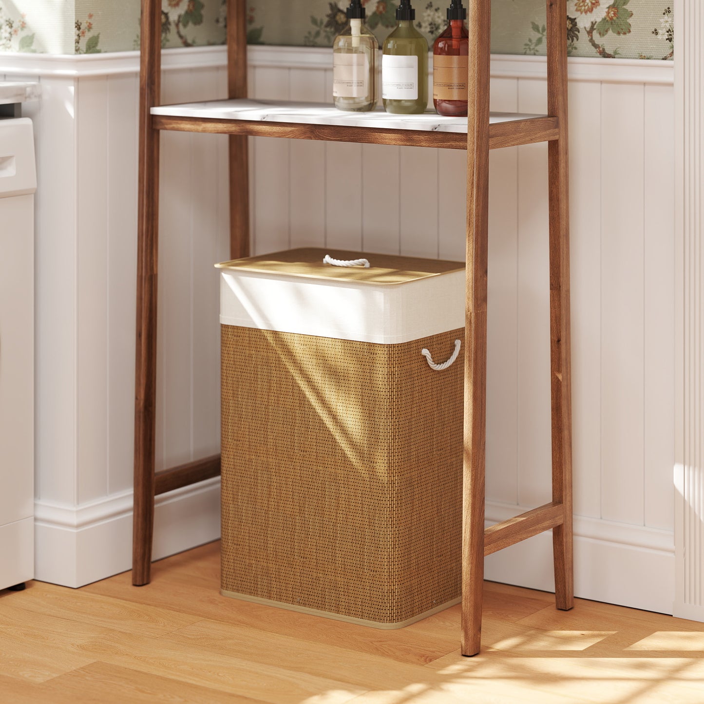 Bamboo Laundry Basket with Lid, 72L Laundry Hamper with Rope Handles