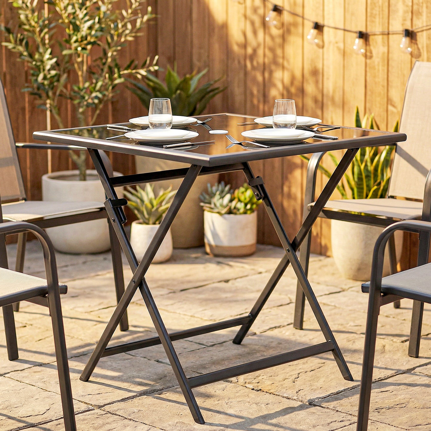 Folding Outdoor Dining Table, Square Garden Table Tempered Glass Top with Parasol Hole Garden Patio, 70 x 70 x 70 cm
