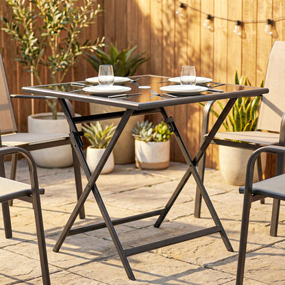 Folding Outdoor Dining Table, Square Garden Table Tempered Glass Top with Parasol Hole Garden Patio, 70 x 70 x 70 cm
