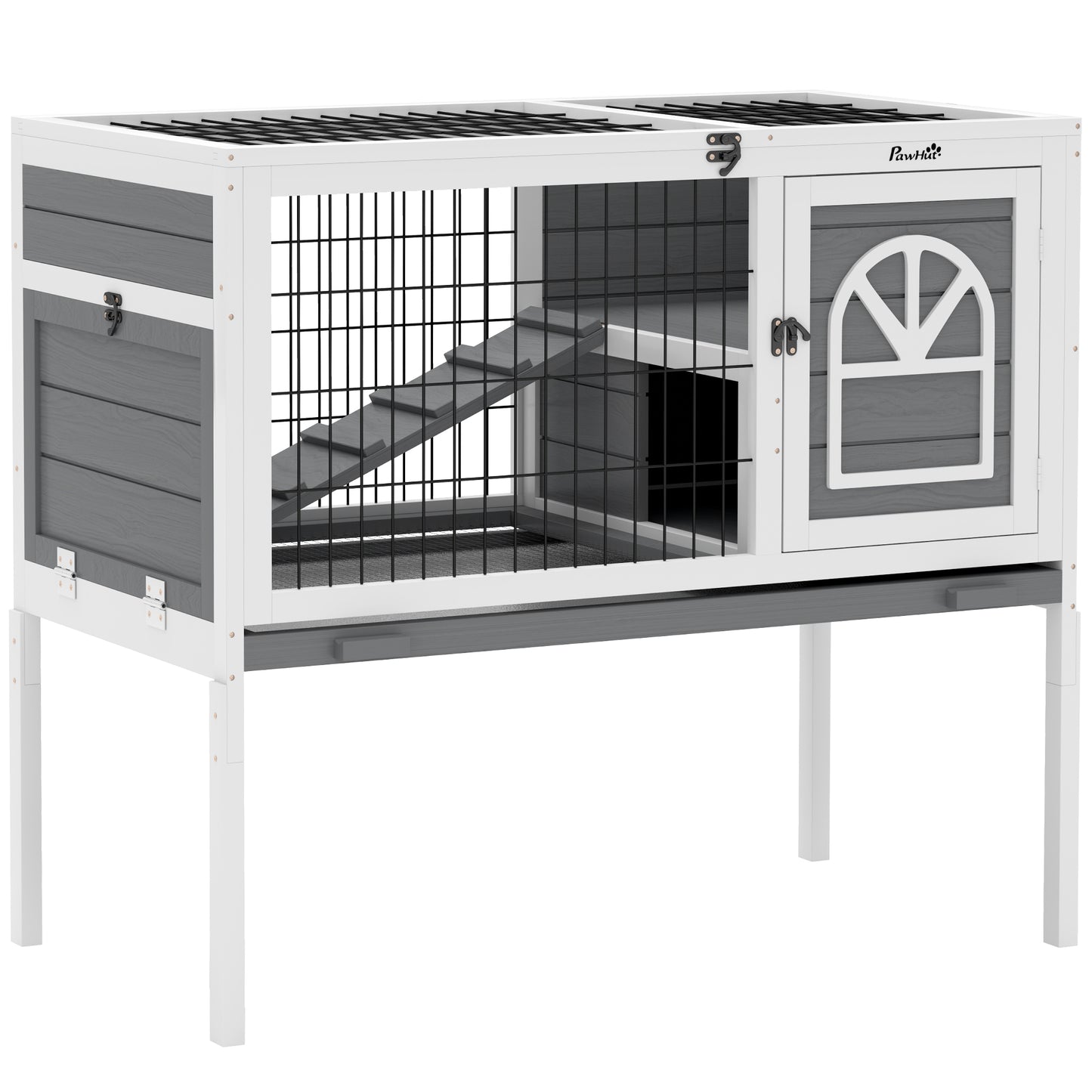 Wooden Rabbit Hutch, Guinea Pig Cage, with Removable Tray, Openable Roof, Grey