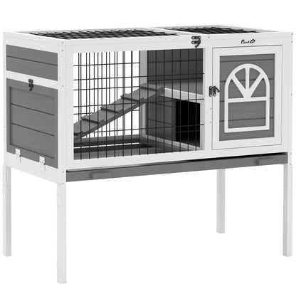 Wooden Rabbit Hutch, Guinea Pig Cage, with Removable Tray, Openable Roof, Grey