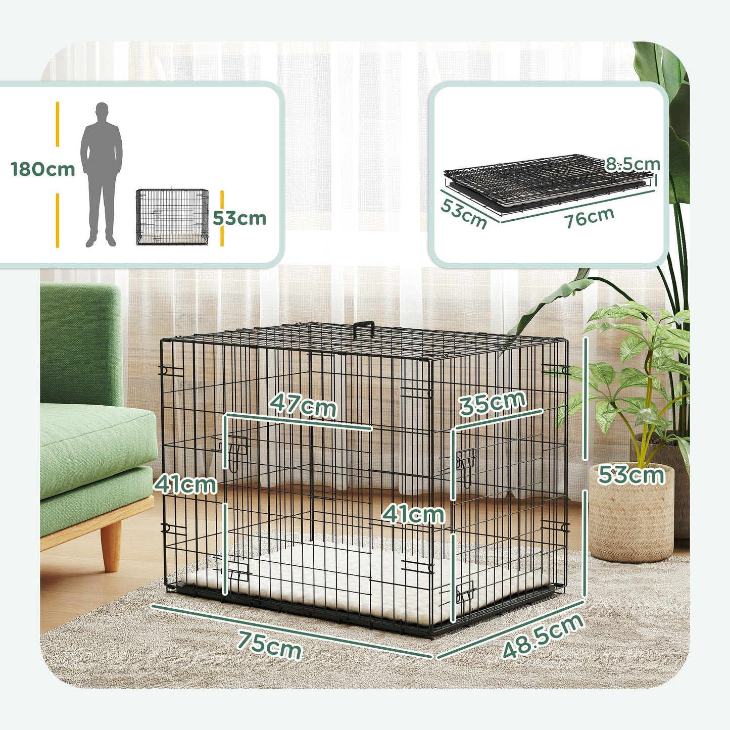 Foldable Dog Crate with 2 Doors with Tray, Soft Cushion, for Small Dogs, 75 x 49 x 53 cm, Black