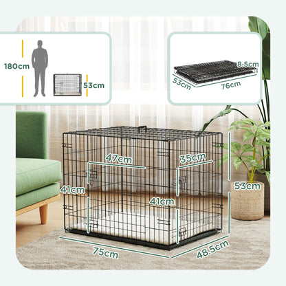 Foldable Dog Crate with 2 Doors with Tray, Soft Cushion, for Small Dogs, 75 x 49 x 53 cm, Black