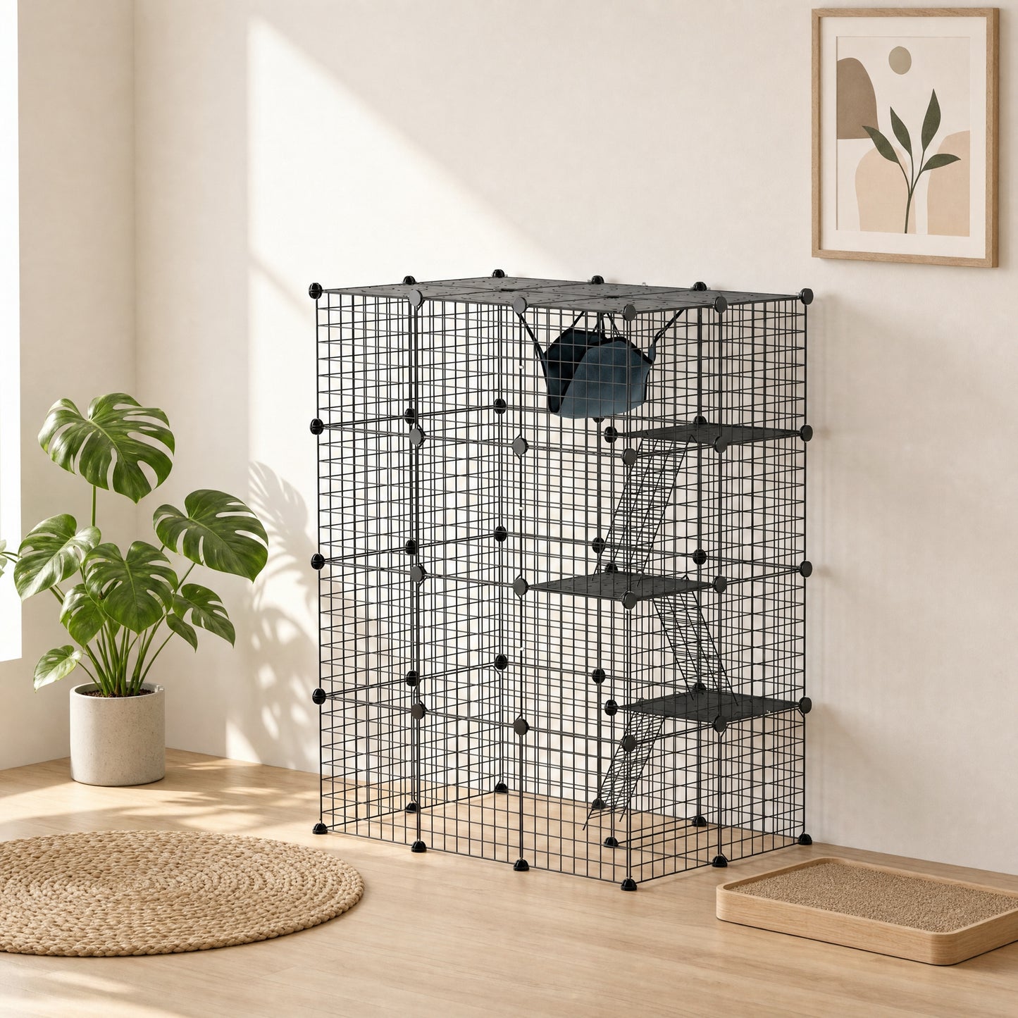 Four-Tier DIY Large Cat Cage with Hammock, Ramps, Five Doors, Indoor Use for 1-3 Cats, Black