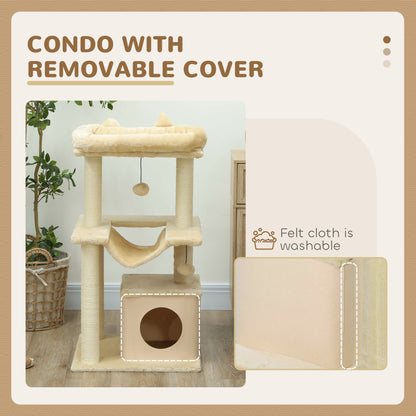 Cat Tree, 90cm Cat Tower with Sisal Scratching Posts, Cat Condo, Hammock, Top Perch and 2 Hanging Toys for Cats, Beige