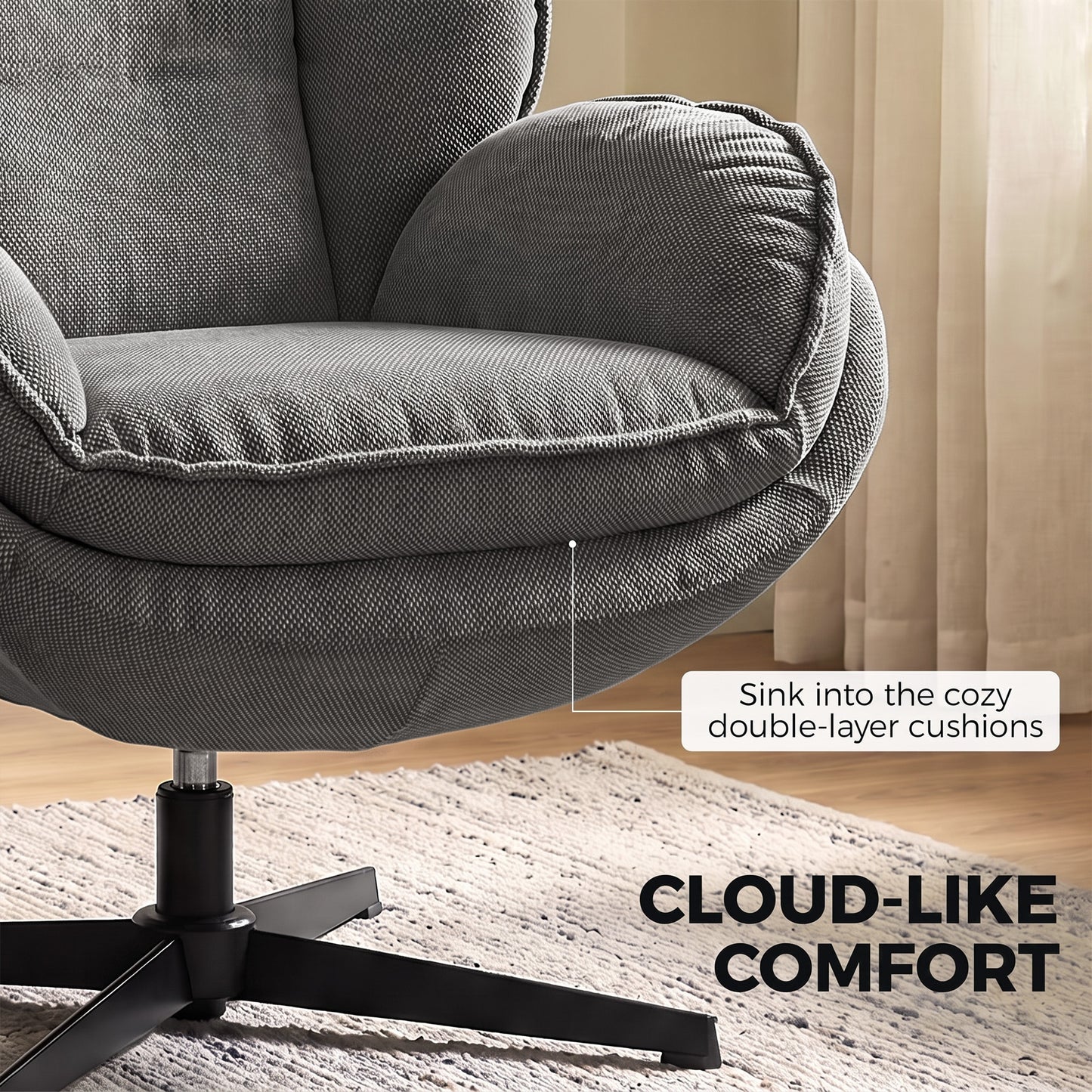 Armchair with Adjustable Footstool, 360° Swivel Chenille Cloud Accent Chair with Thick Cushion, Steel Base, Grey