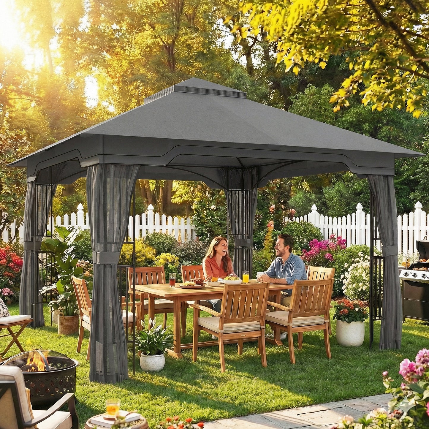 3.3 x 3.3 m Outdoor Garden Gazebo with Post Shelves, UPF50+ Patio Permanent Pavilion with Hook, Dark Grey
