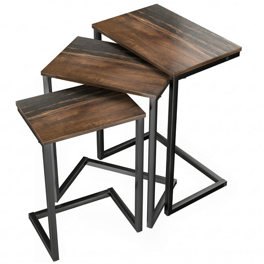 Nesting Side Tables Set of 3, C-Shaped Snack Side Tables with Steel Frame for Sofa Couch and Bed, Rustic Brown