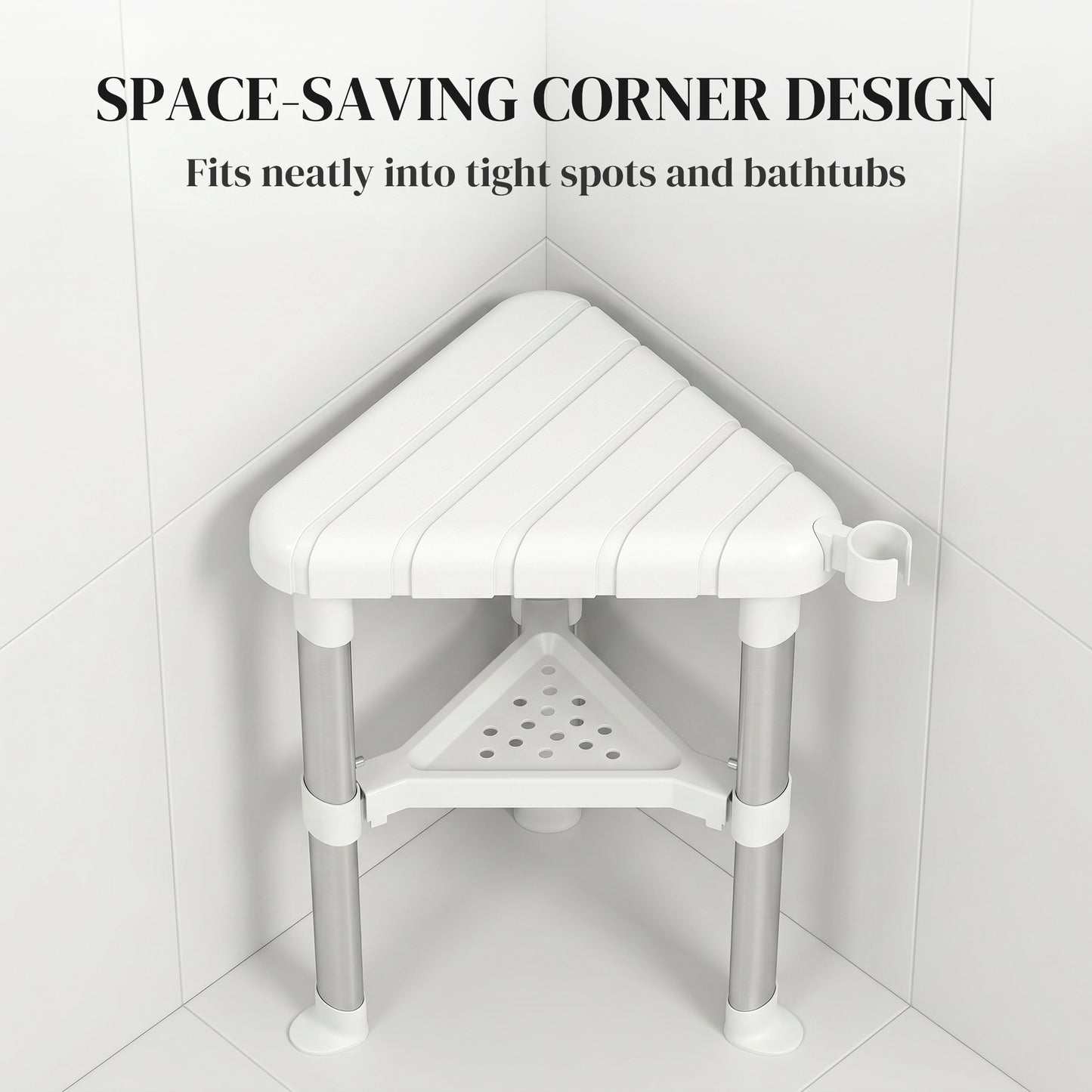 Shower Stool, Aluminium Alloy Corner Shower Chair with Storage Shelf and HDPE Seat, Adjustable Height, White