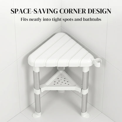 Shower Stool, Aluminium Alloy Corner Shower Chair with Storage Shelf and HDPE Seat, Adjustable Height, White