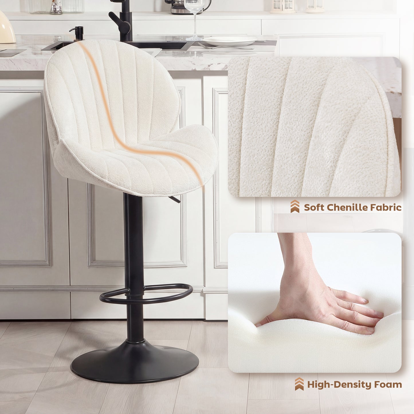 Bar Stools Set of 2, Swivel Barstools with Back, Adjustable Height and Footrest for Kitchen Island, Dining Room, Cream