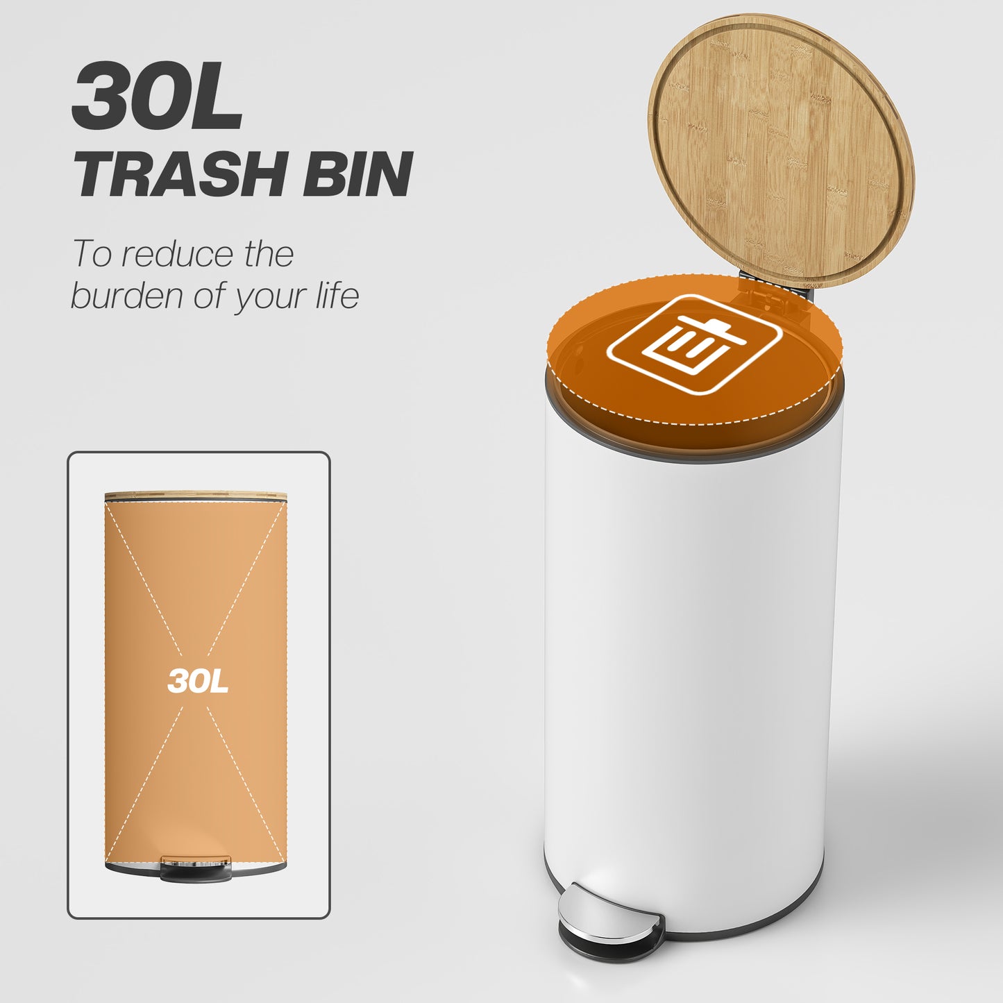 Kitchen Bin, 30 Litre Pedal Rubbish Bin with Removable Bucket, White and Natural