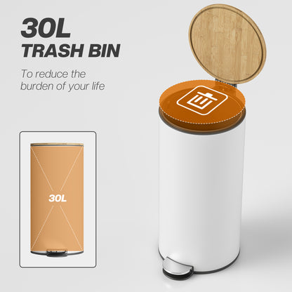 Kitchen Bin, 30 Litre Pedal Rubbish Bin with Removable Bucket, White and Natural