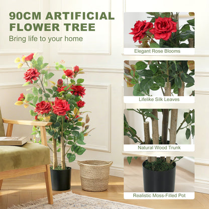 90cm Artificial Rose Tree Set of 2, Decorative Fake Plant with 344 Silk Leaves 17 Flowers for Outdoor Indoor Decor, Red