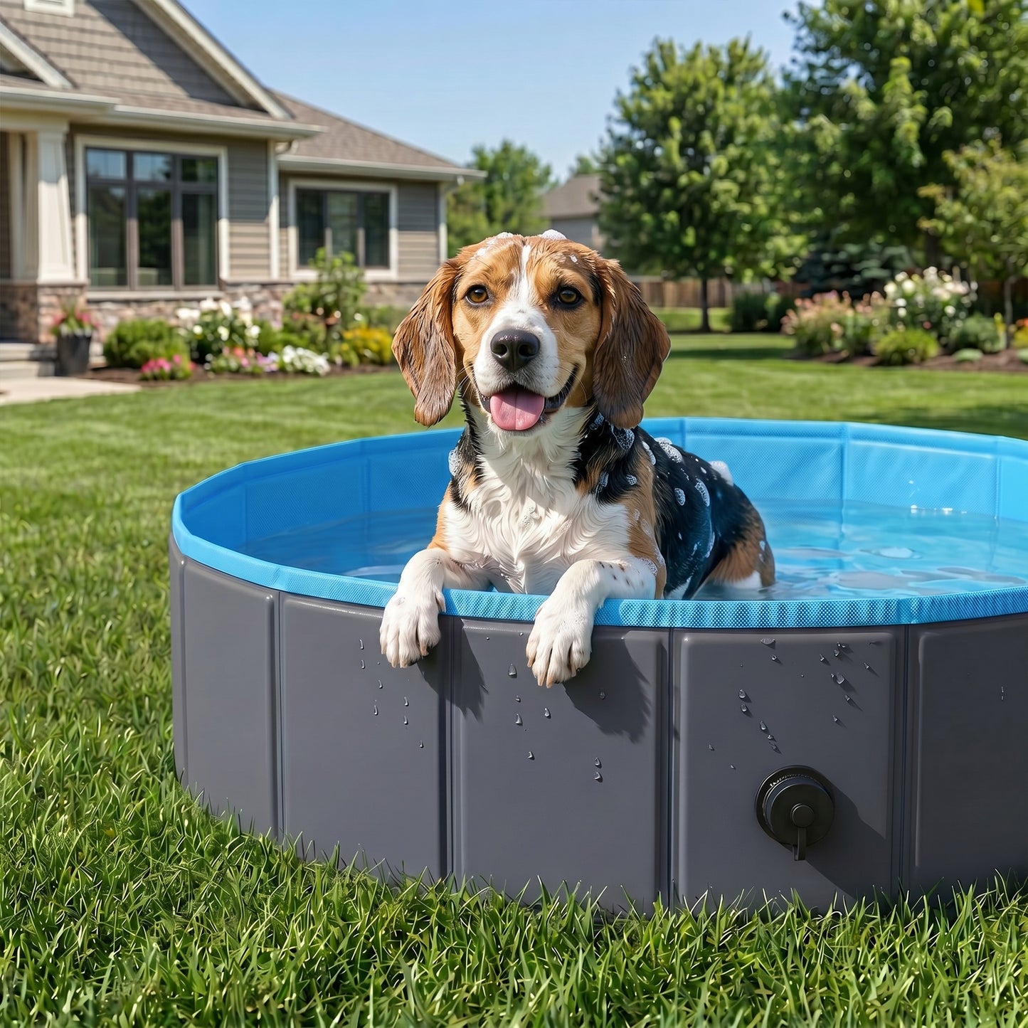 Foldable Dog Pool for Puppies and Ducks Dog Paddling Pool Bath Tub, Dark Grey, 100 x 30 cm