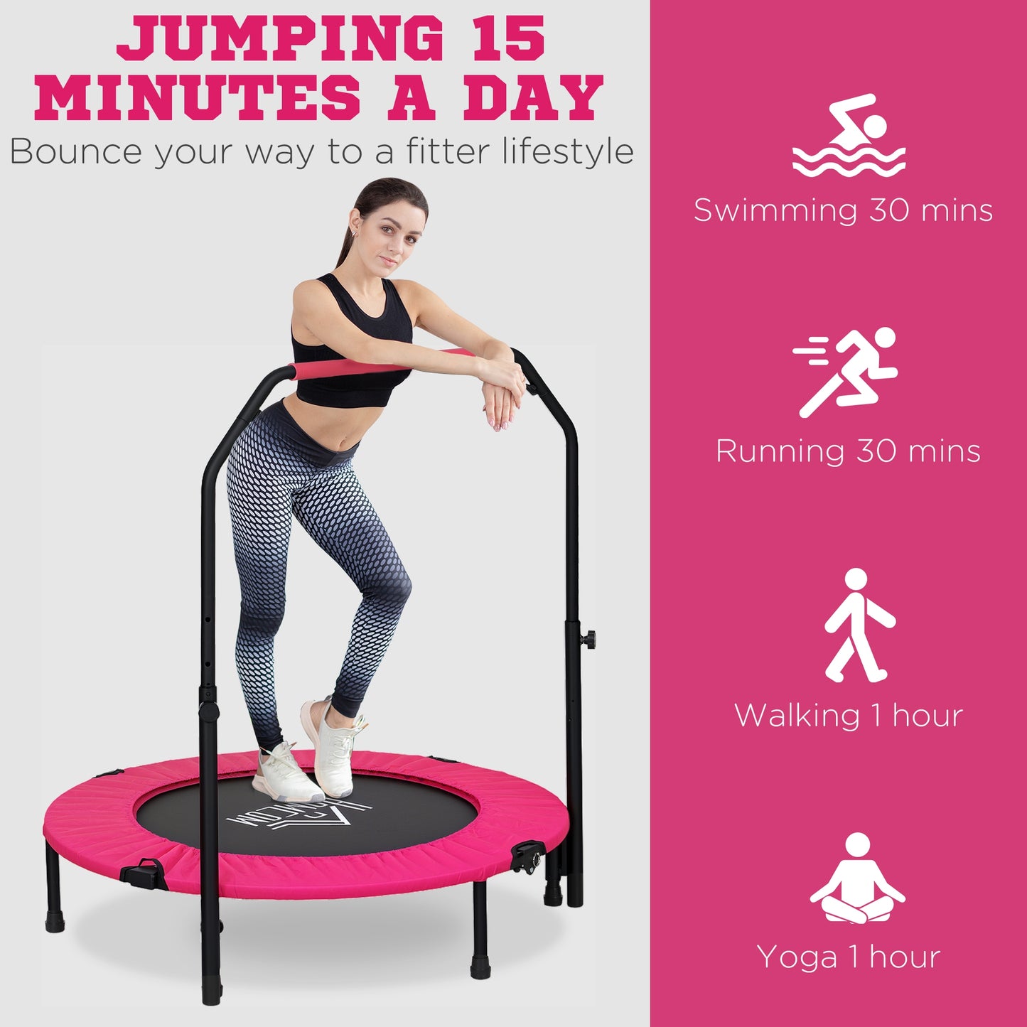 40" Foldable Mini Fitness Trampoline, with Adjustable Foam Handle, Pink