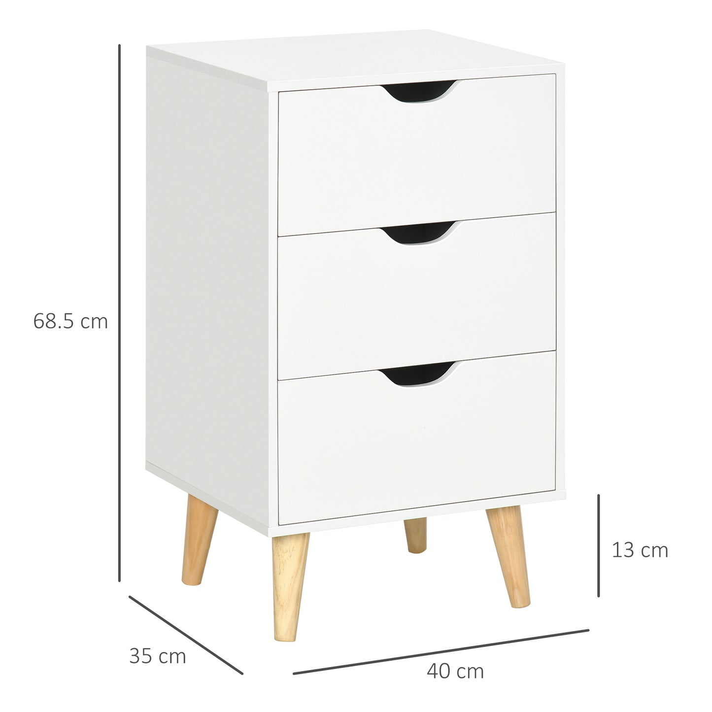 Bedside Table, Bedside Cabinet with 3 Drawers, Side End Table with Pine Wood Legs for Bedroom Living Room, White