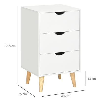 Bedside Table, Bedside Cabinet with 3 Drawers, Side End Table with Pine Wood Legs for Bedroom Living Room, White