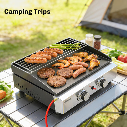 2 Burner Grill Griddle, Portable Gas Plancha with Warming Rack, 5 kW, Tabletop Gas BBQ with Grease Cup, Black