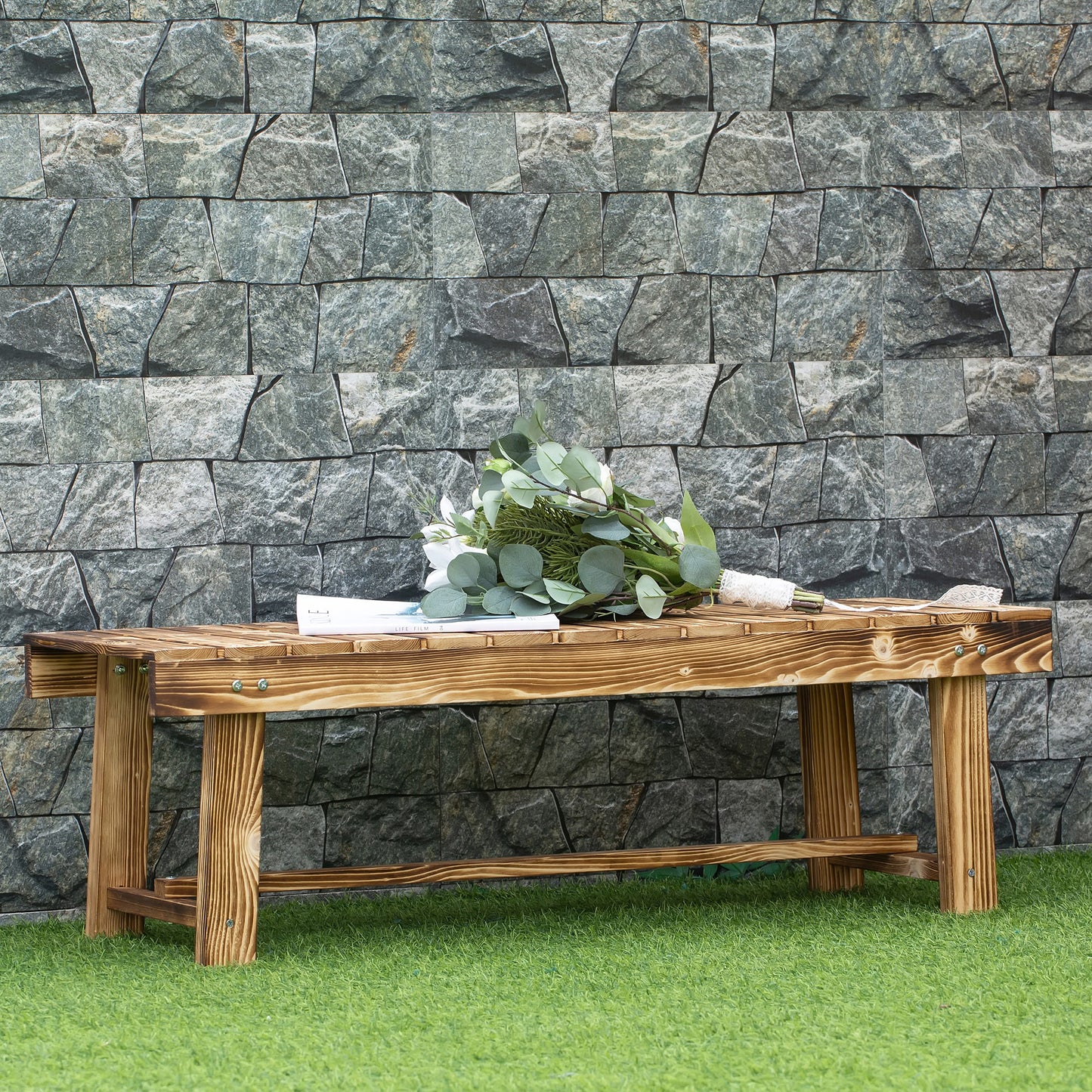1 Piece 2-seater Outdoor Indoor Wooden Garden Bench Fir Patio Loveseat, 110L x 38W x 35Hcm, Carbonised