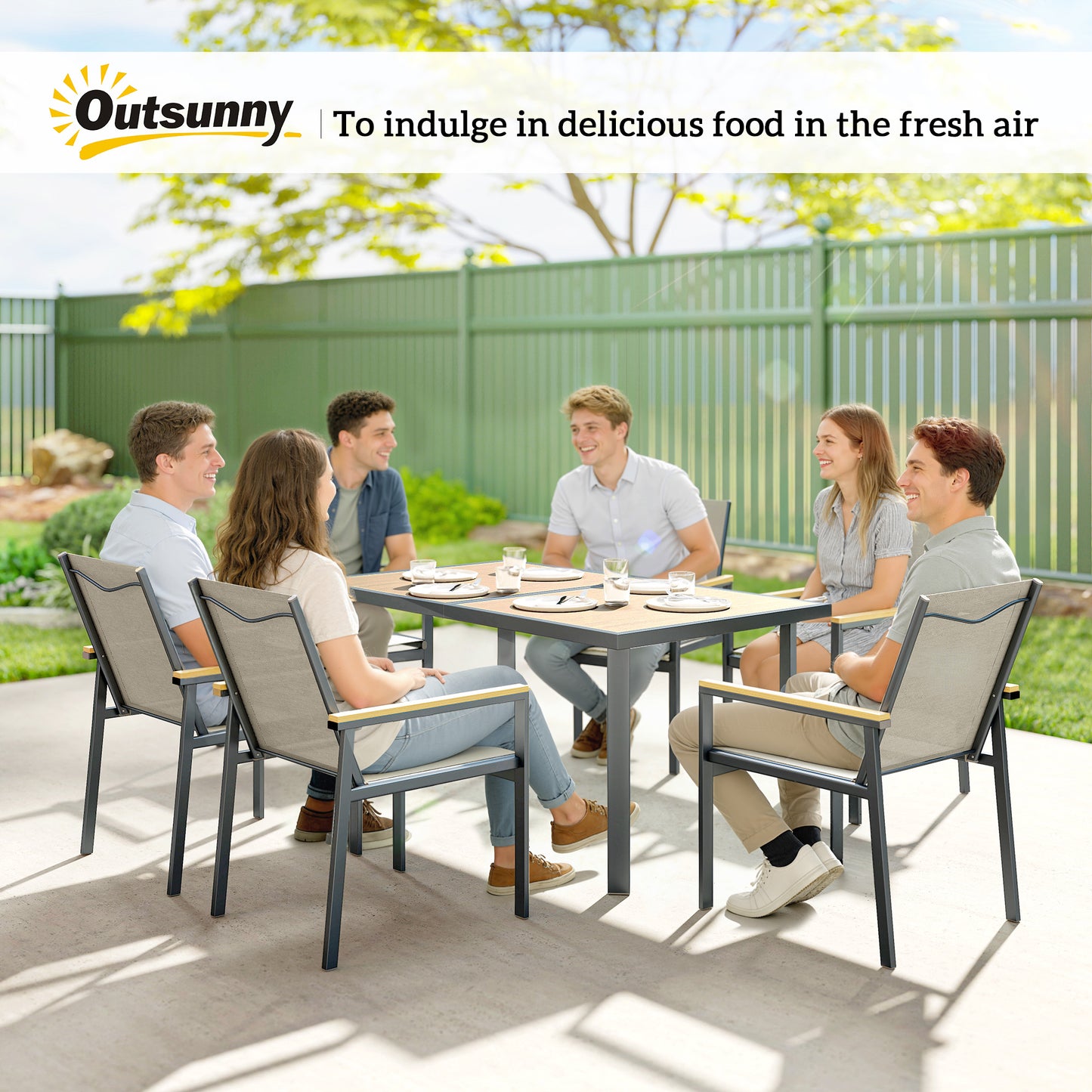 Seven-Piece Metal Garden Dining Set, with Glass-Top Table - Khaki