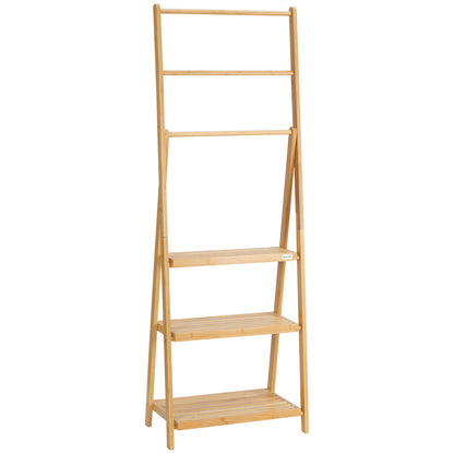 Freestanding Natural Bamboo Towel Rack with 3 Towel Rails and 3 Storage Shelves