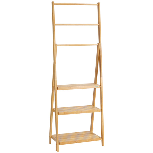 Freestanding Natural Bamboo Towel Rack with 3 Towel Rails and 3 Storage Shelves
